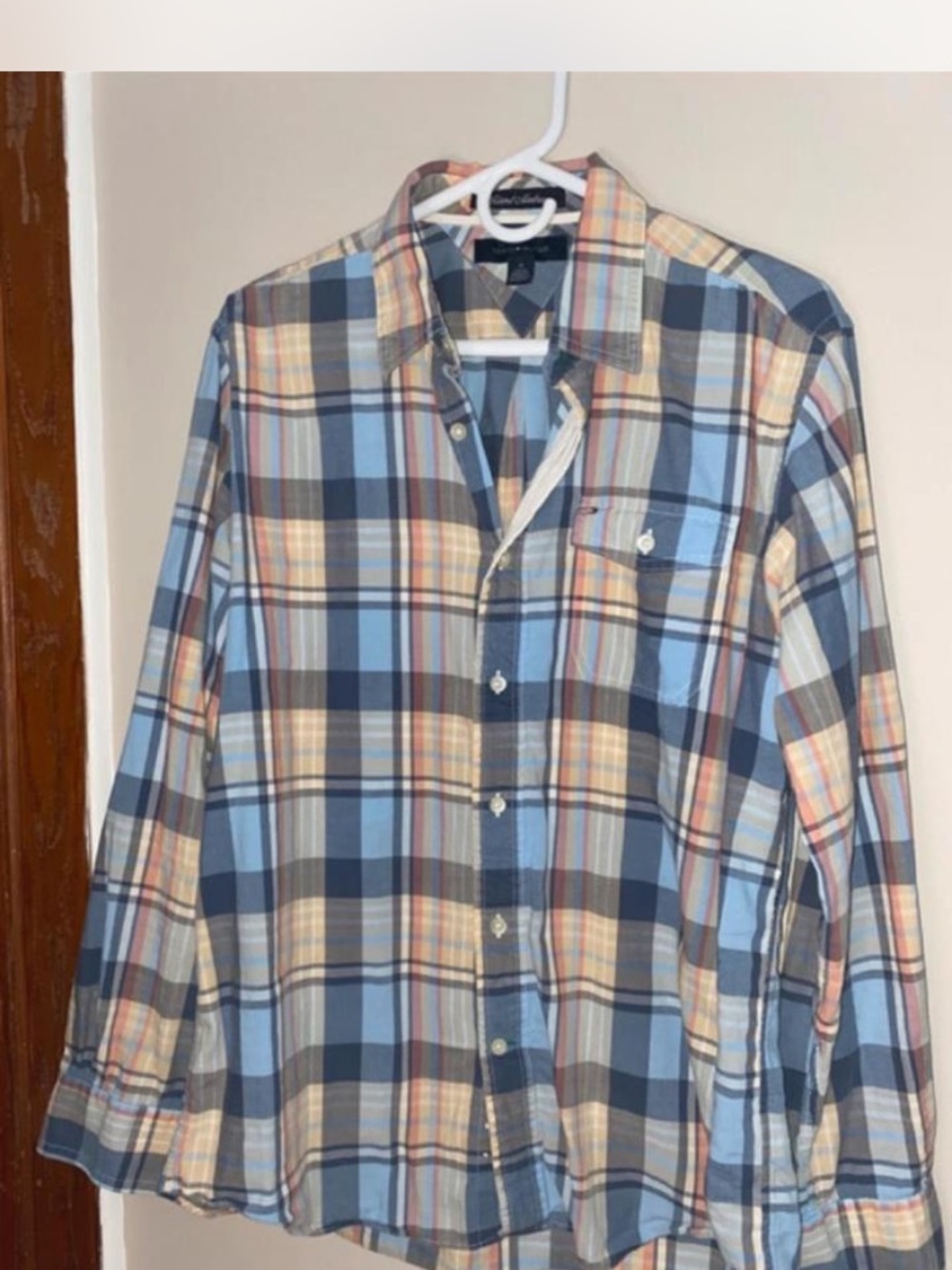 Tommy Hilfiger Blue and Tan Plaid Casual Button-Down Shirt